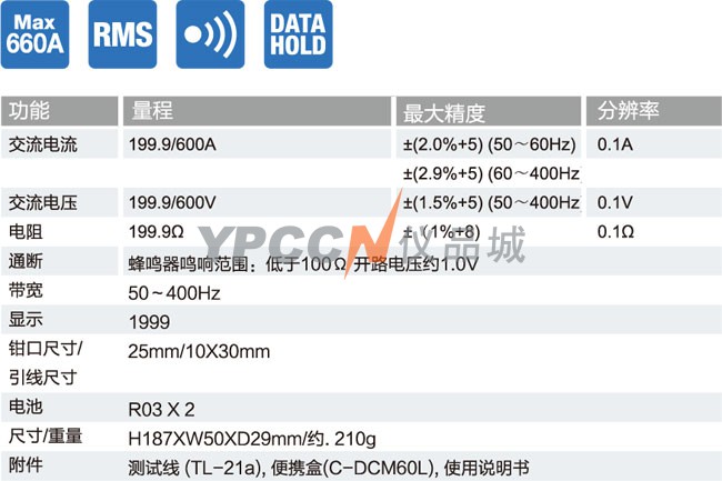 DCM60R钳形电流表规格参数