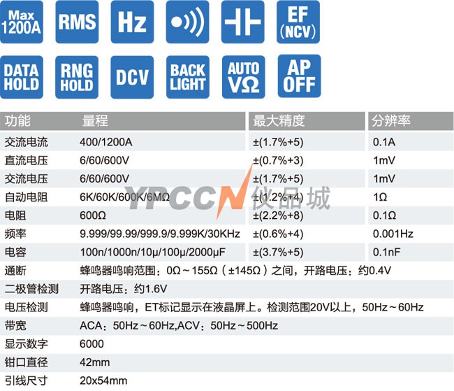 DCL1200R钳形电流表规格参数